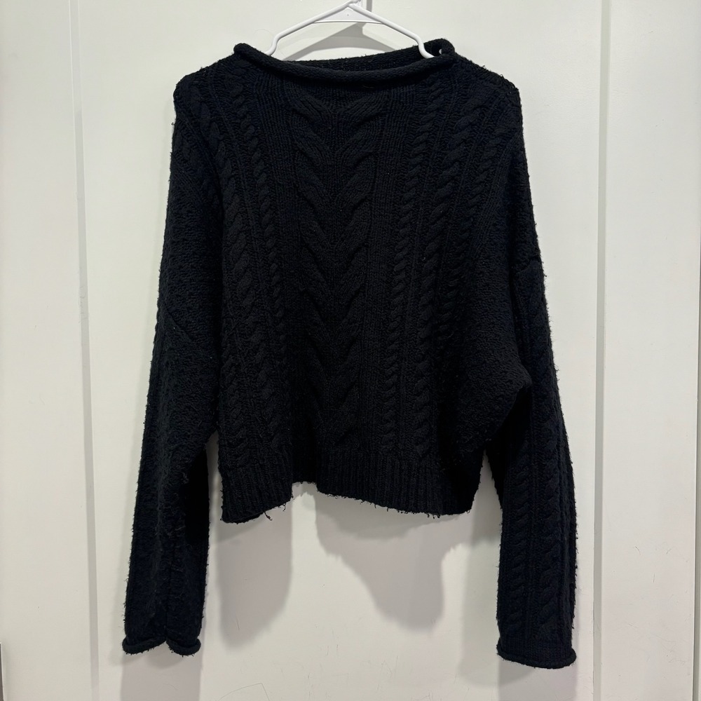 Pilcro Anthropologie Black Cable Knit Cropped Sweater Womens Medium Pullover
